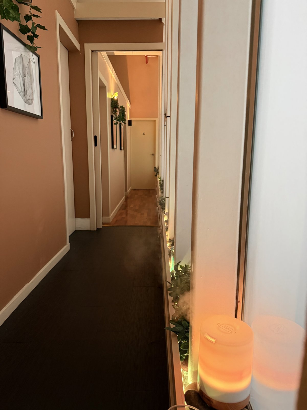 Warmly lit studio hallway with plants and a diffuser